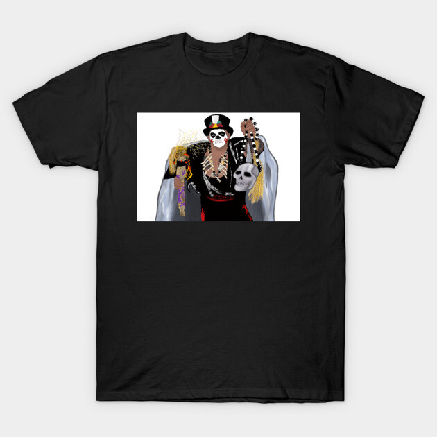 Black t-shirt featuring a colorful skeleton musician graphic, ideal for casual wear or music enthusiasts.