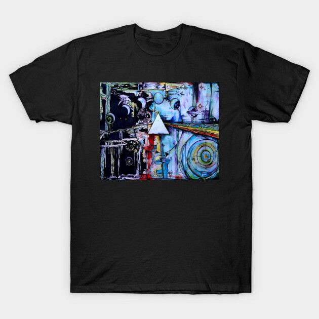 Black T-shirt with abstract geometric design, colorful artistic print, casual style, 100% cotton, unisex.
