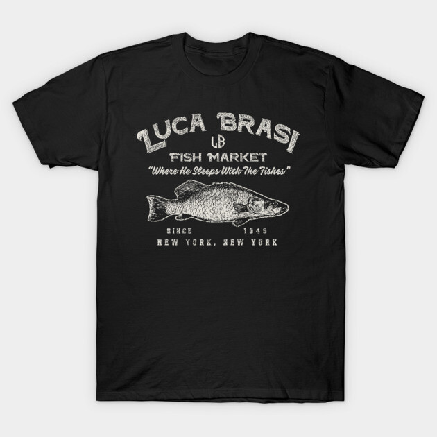 Black graphic t-shirt with vintage fish market design, casual wear, cotton material, ideal for everyday use.