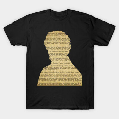 Black T-shirt featuring a literary silhouette design with text overlay, perfect for book lovers and casual wear.