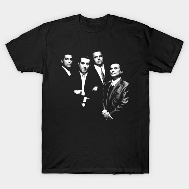 Black graphic tee featuring a monochrome print of four suited figures, casual wear, cotton material.