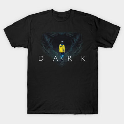 Black T-shirt featuring "Dark" graphic design with yellow jacket figure, ideal for casual wear, cotton material.