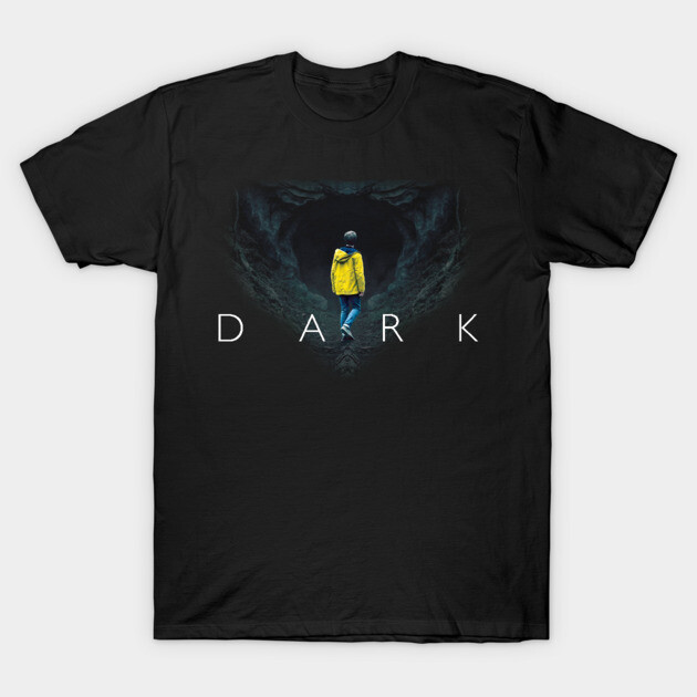 Black T-shirt featuring "Dark" graphic design with yellow jacket figure, ideal for casual wear, cotton material.