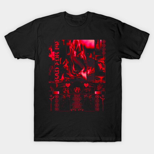 Black t-shirt with red abstract graphic design, casual wear, soft cotton material, perfect for everyday style.