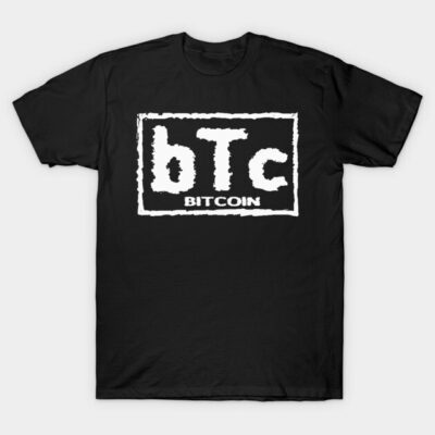Black Bitcoin t-shirt with white BTC logo, casual style, 100% cotton, perfect for cryptocurrency enthusiasts.