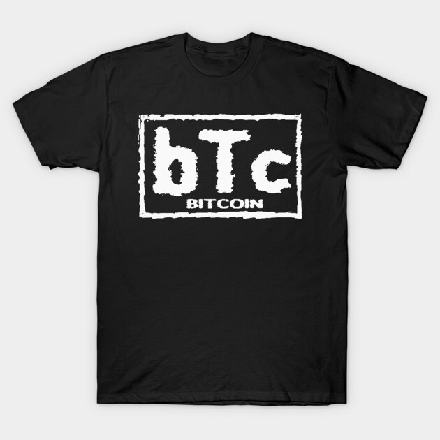 Black Bitcoin t-shirt with white BTC logo, casual style, 100% cotton, perfect for cryptocurrency enthusiasts.