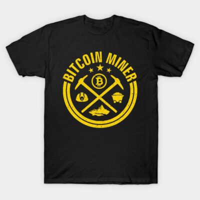 Black Bitcoin Miner graphic t-shirt, yellow print, casual style, cotton material, perfect for cryptocurrency enthusiasts.