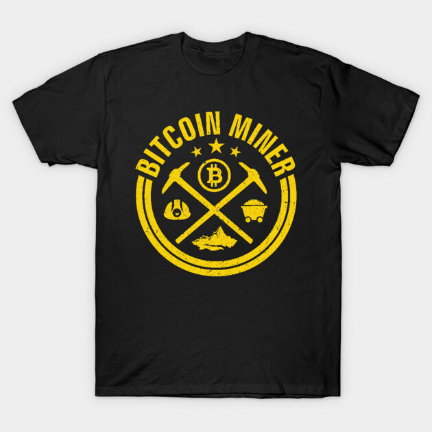 Black Bitcoin Miner graphic t-shirt, yellow print, casual style, cotton material, perfect for cryptocurrency enthusiasts.