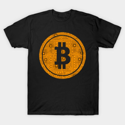 Black t-shirt with orange Bitcoin logo, circuit design, casual style, 100% cotton, perfect for cryptocurrency enthusiasts.