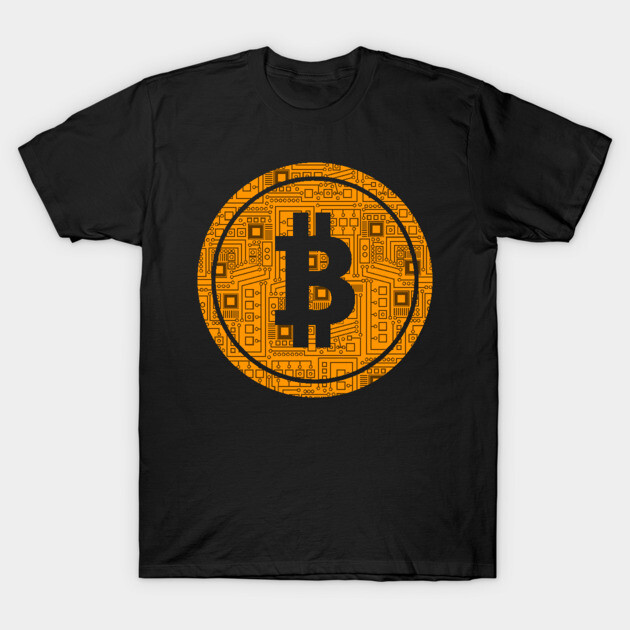 Black t-shirt with orange Bitcoin logo, circuit design, casual style, 100% cotton, perfect for cryptocurrency enthusiasts.