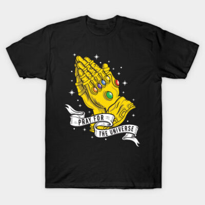 Black T-shirt with yellow glove graphic, colorful gems, and "Pray for the Universe" text, cosmic theme, unisex casual wear.