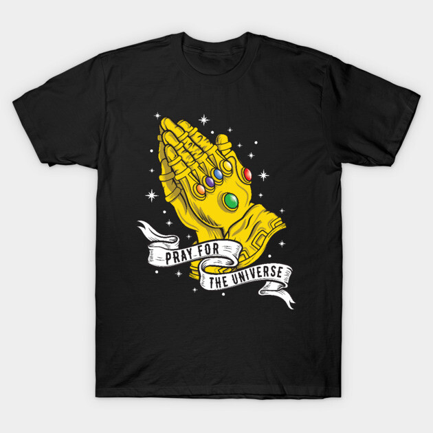 Black T-shirt with yellow glove graphic, colorful gems, and "Pray for the Universe" text, cosmic theme, unisex casual wear.