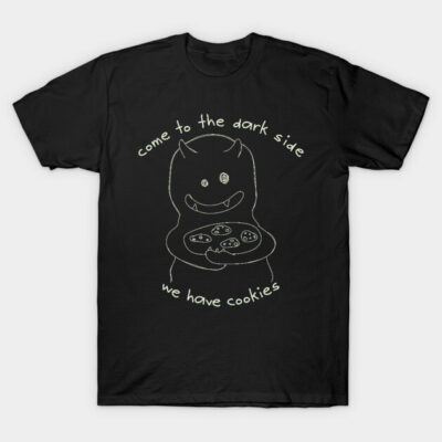 Black t-shirt with "come to the dark side we have cookies" graphic, casual style, ideal for fans of humorous designs.