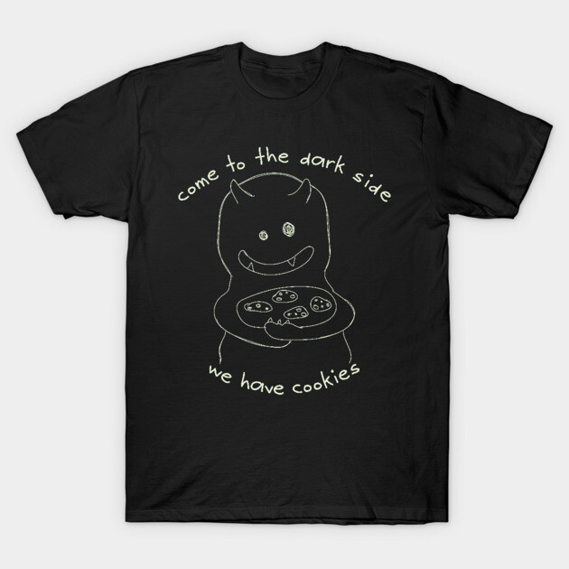 Black t-shirt with "come to the dark side we have cookies" graphic, casual style, ideal for fans of humorous designs.