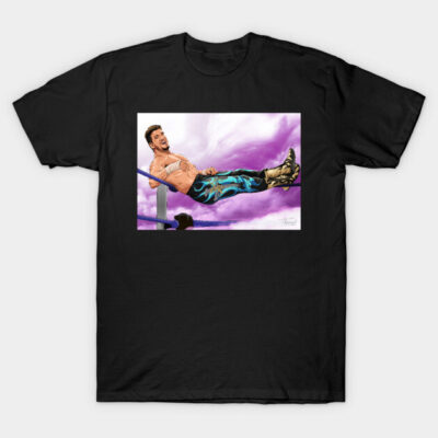 Black cotton t-shirt with colorful graphic design, casual wear, suitable for fans of wrestling or unique prints.