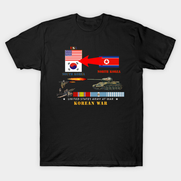 Black Korean War graphic t-shirt featuring flags and military imagery, ideal for history enthusiasts and casual wear.