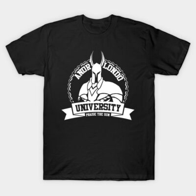 Black "Anor Londo University" t-shirt with white graphic design, featuring text "Praise the Sun." Casual cotton wear.