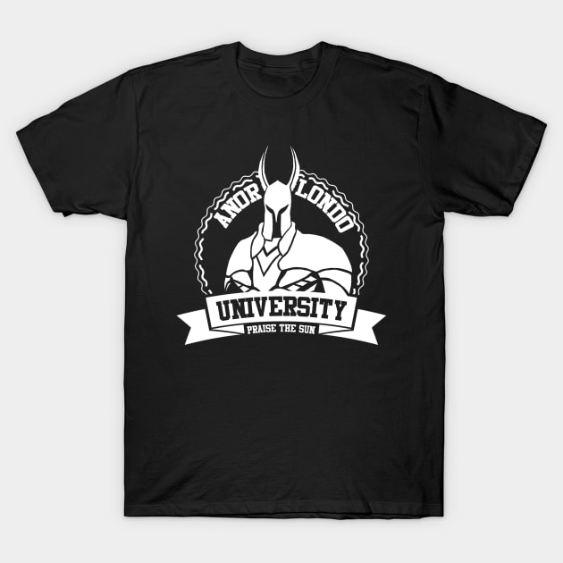 Black "Anor Londo University" t-shirt with white graphic design, featuring text "Praise the Sun." Casual cotton wear.