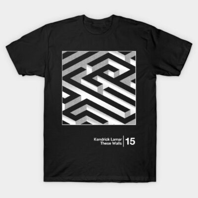 Black graphic tee with geometric maze design and white text. Cotton material, casual wear, unisex style.