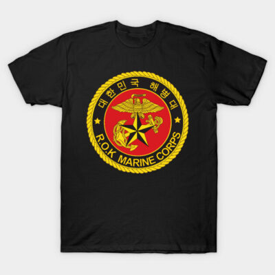 Black t-shirt featuring R.O.K. Marine Corps emblem, red and yellow design, casual wear, cotton material.
