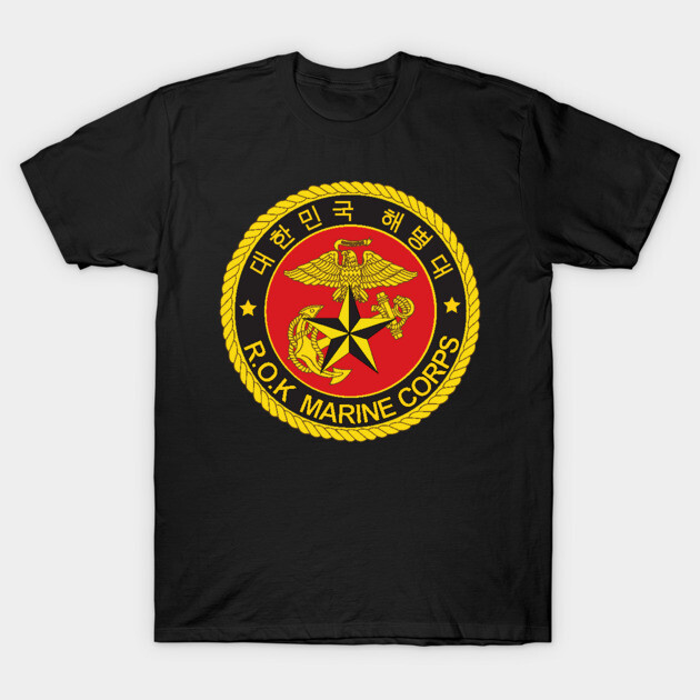 Black t-shirt featuring R.O.K. Marine Corps emblem, red and yellow design, casual wear, cotton material.