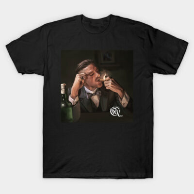 Black graphic T-shirt featuring a vintage-style illustration of a man lighting a cigar, casual wear, cotton material.