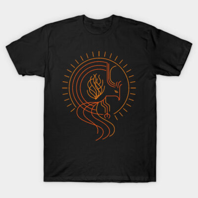 Black t-shirt with orange abstract phoenix design, casual style, cotton material, suitable for everyday wear.