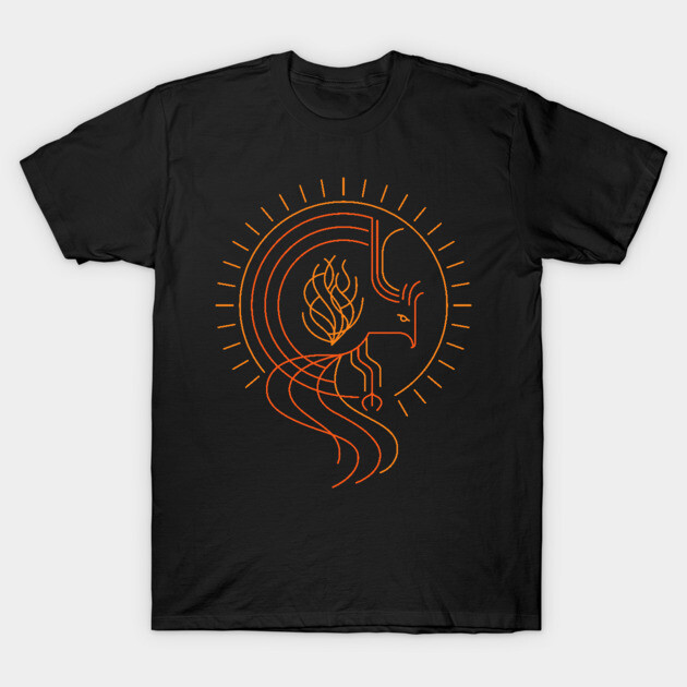 Black t-shirt with orange abstract phoenix design, casual style, cotton material, suitable for everyday wear.