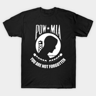 Black POW MIA t-shirt with white silhouette and text design, made of cotton, casual wear.