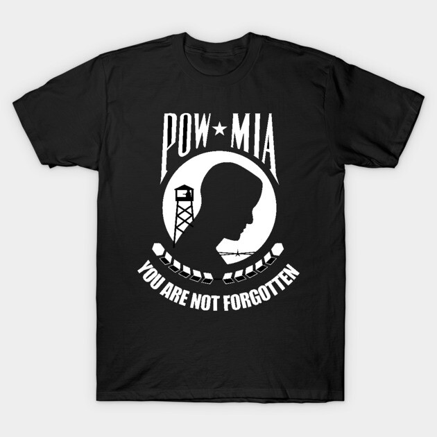 Black POW MIA t-shirt with white silhouette and text design, made of cotton, casual wear.