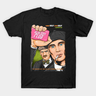 Black graphic T-shirt featuring illustrated characters, bold colors, and text design. Casual wear, cotton material.