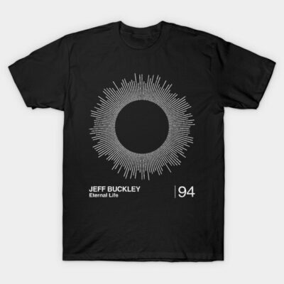 Black graphic t-shirt with abstract sunburst design and text, ideal for casual wear, 100% cotton.