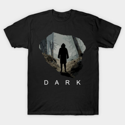 Black graphic t-shirt with forest silhouette design and "Dark" text, casual style, cotton material, unisex fit.