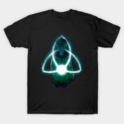 Black graphic t-shirt featuring glowing figure design, perfect for casual wear. Soft cotton material, unisex style.