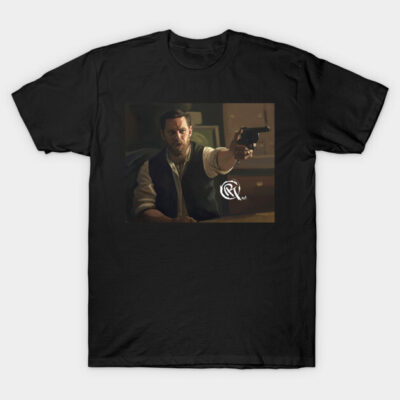 Black cotton t-shirt featuring dramatic artistic print, casual wear, unisex design, perfect for everyday style.