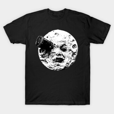 Black T-shirt with vintage moon print, classic fit, cotton material, unisex casual wear.