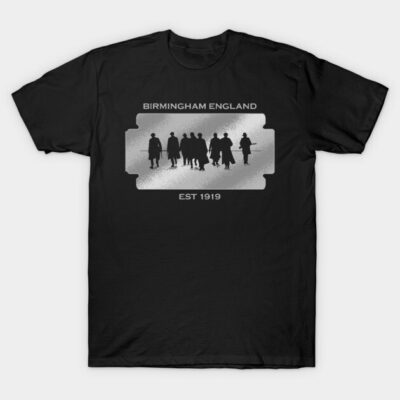 Black graphic t-shirt featuring Birmingham England design with silhouette figures, casual style, 100% cotton material.