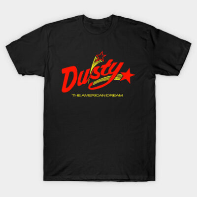 Black graphic t-shirt with "Dusty The American Dream" text and red stars, casual cotton tee for everyday wear.