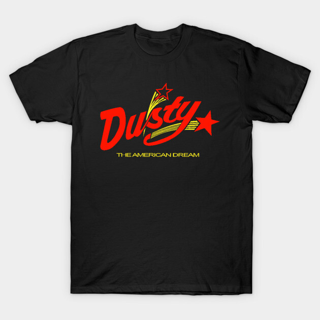 Black graphic t-shirt with "Dusty The American Dream" text and red stars, casual cotton tee for everyday wear.