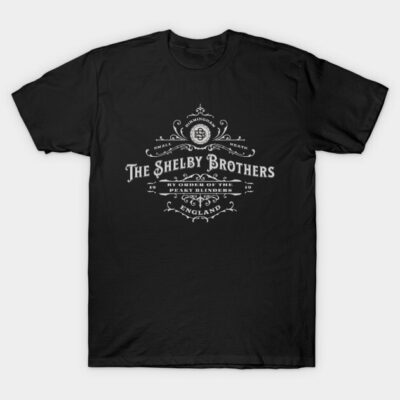 Black graphic t-shirt with vintage white "The Shelby Brothers" text design, casual wear, cotton material.