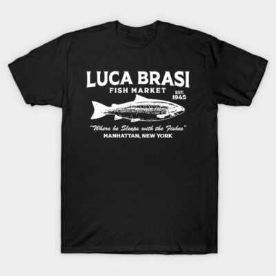 Black T-shirt with "Luca Brasi Fish Market" graphic, vintage style, casual wear, cotton material.