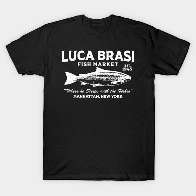 Black T-shirt with "Luca Brasi Fish Market" graphic, vintage style, casual wear, cotton material.