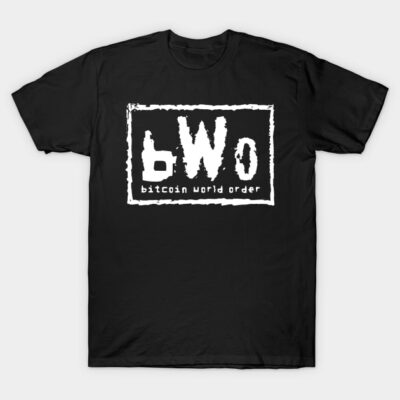 Black "Bitcoin World Order" t-shirt with bold white text, casual style, perfect for crypto enthusiasts, 100% cotton material.