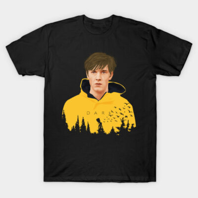Black t-shirt featuring yellow hoodie graphic design with forest and birds, casual wear, cotton material.