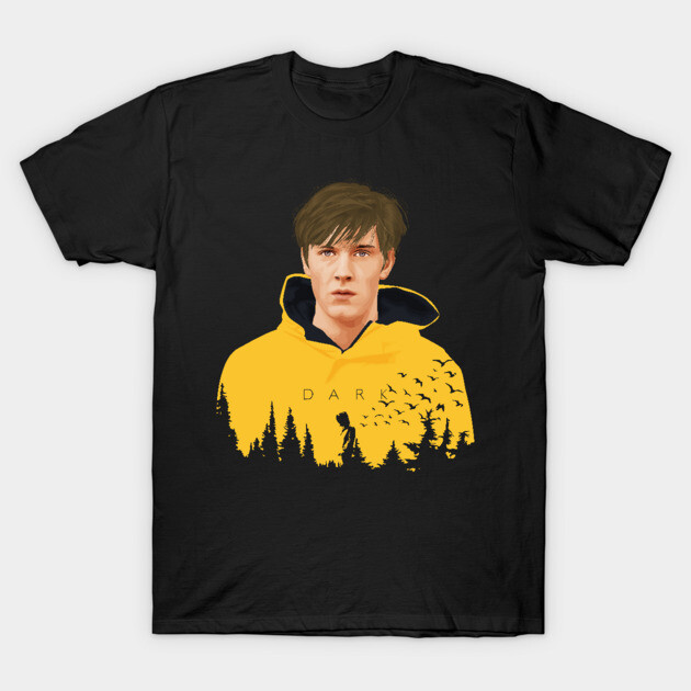 Black t-shirt featuring yellow hoodie graphic design with forest and birds, casual wear, cotton material.