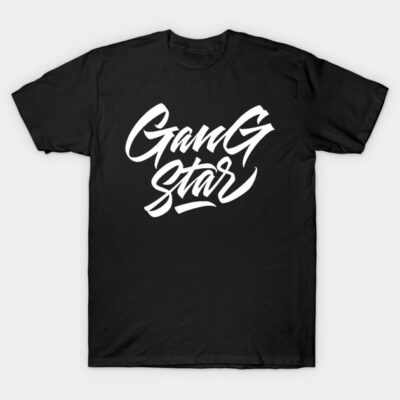 Black t-shirt with white "Gang Star" graphic, casual style, cotton material, perfect for everyday wear.
