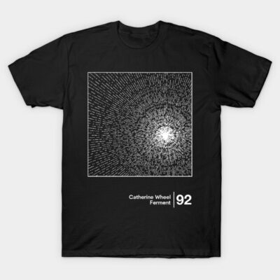 Black t-shirt with abstract white burst design, text "Catherine Wheel Ferment 92", casual style, cotton material.