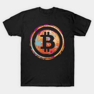 Black t-shirt with colorful Bitcoin logo, casual style, comfortable cotton material, ideal for cryptocurrency enthusiasts.