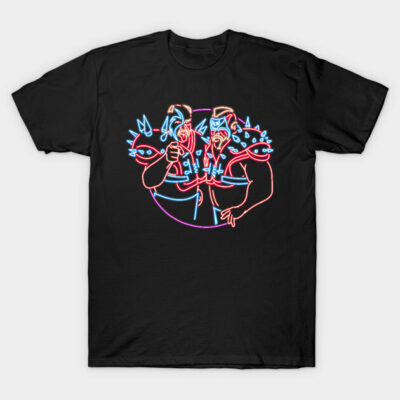 Black t-shirt with colorful neon-style graphic design, featuring abstract art. Perfect for casual wear. Cotton material.