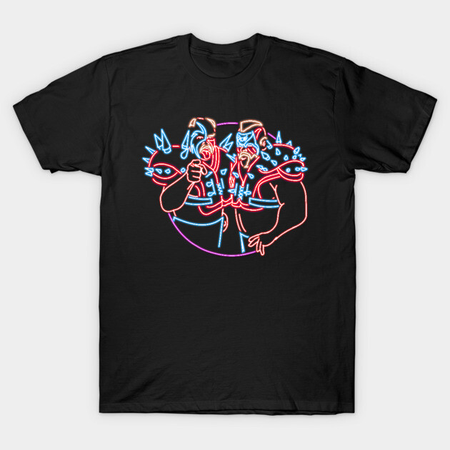 Black t-shirt with colorful neon-style graphic design, featuring abstract art. Perfect for casual wear. Cotton material.